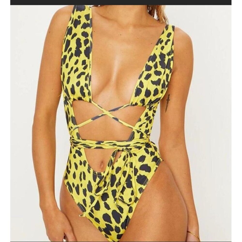 Pretty Little Thing Yellow Cheetah Cut Out Wrap Around Swimsuit